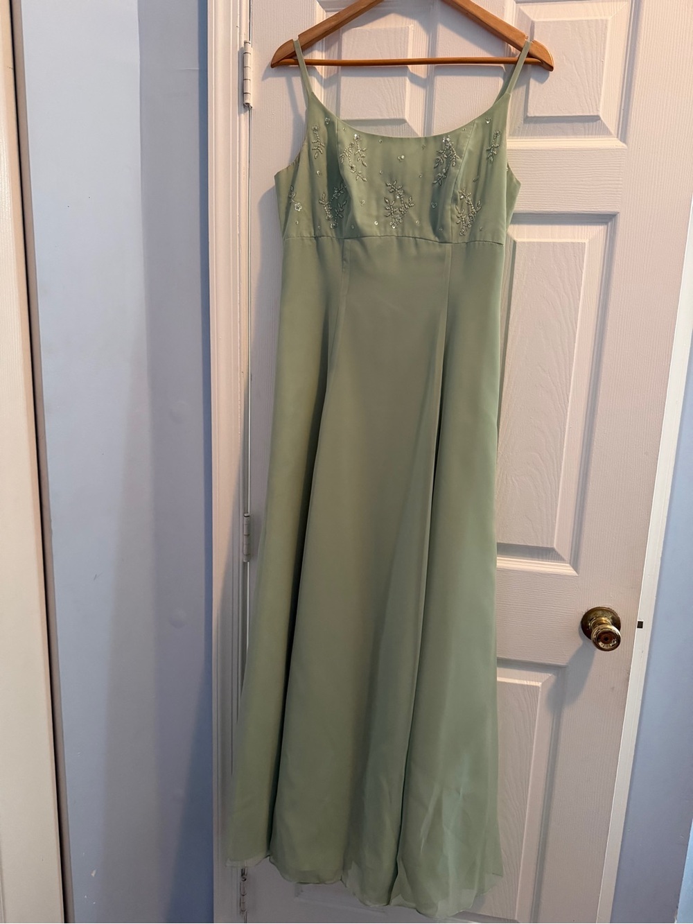Sage Green Beaded Spaghetti Strap Formal Dress